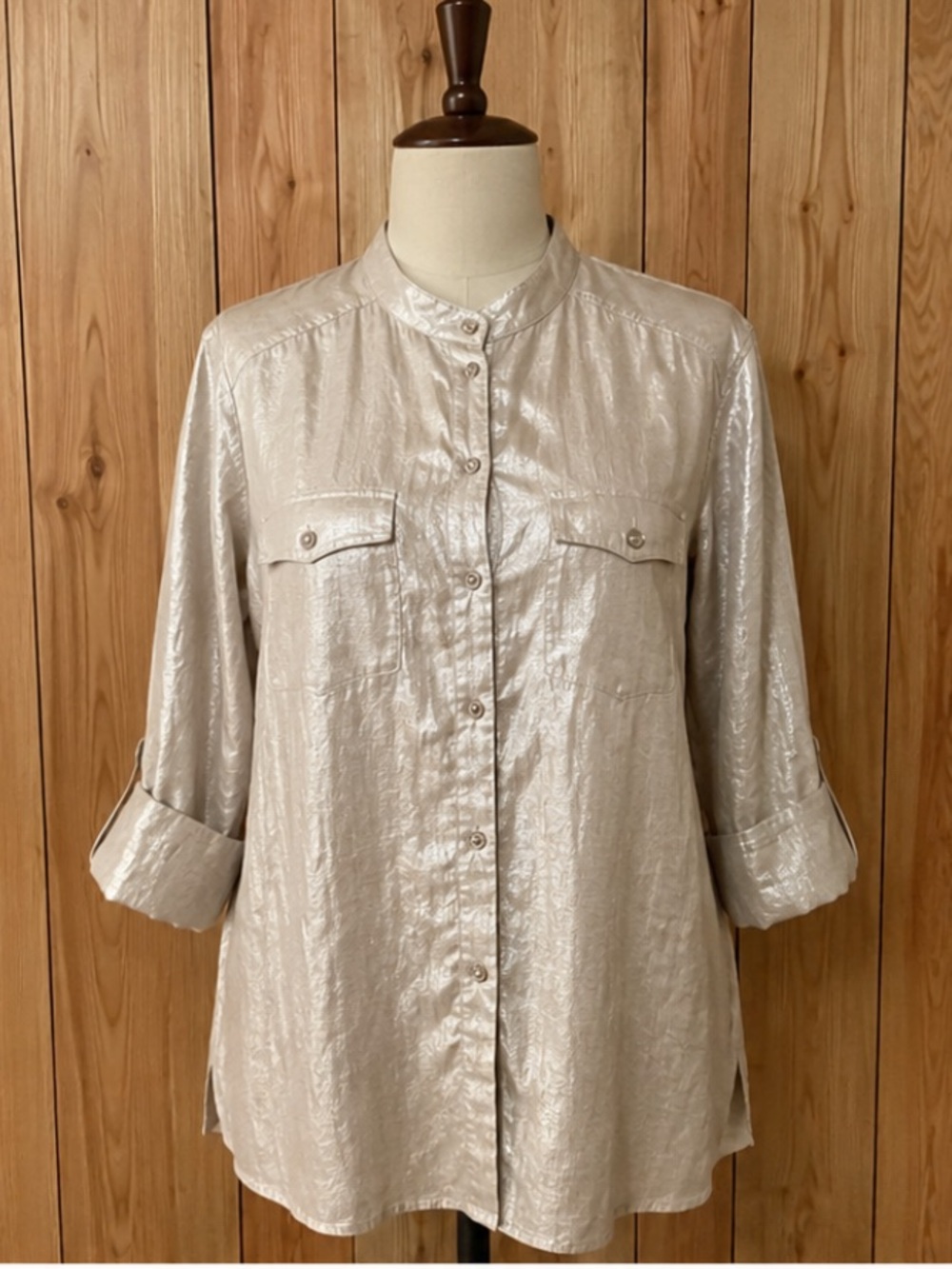 Linen Button-up Shirt Golden Laminated Sand Beige Sz 16 Roll Tab Sleeves Metalli